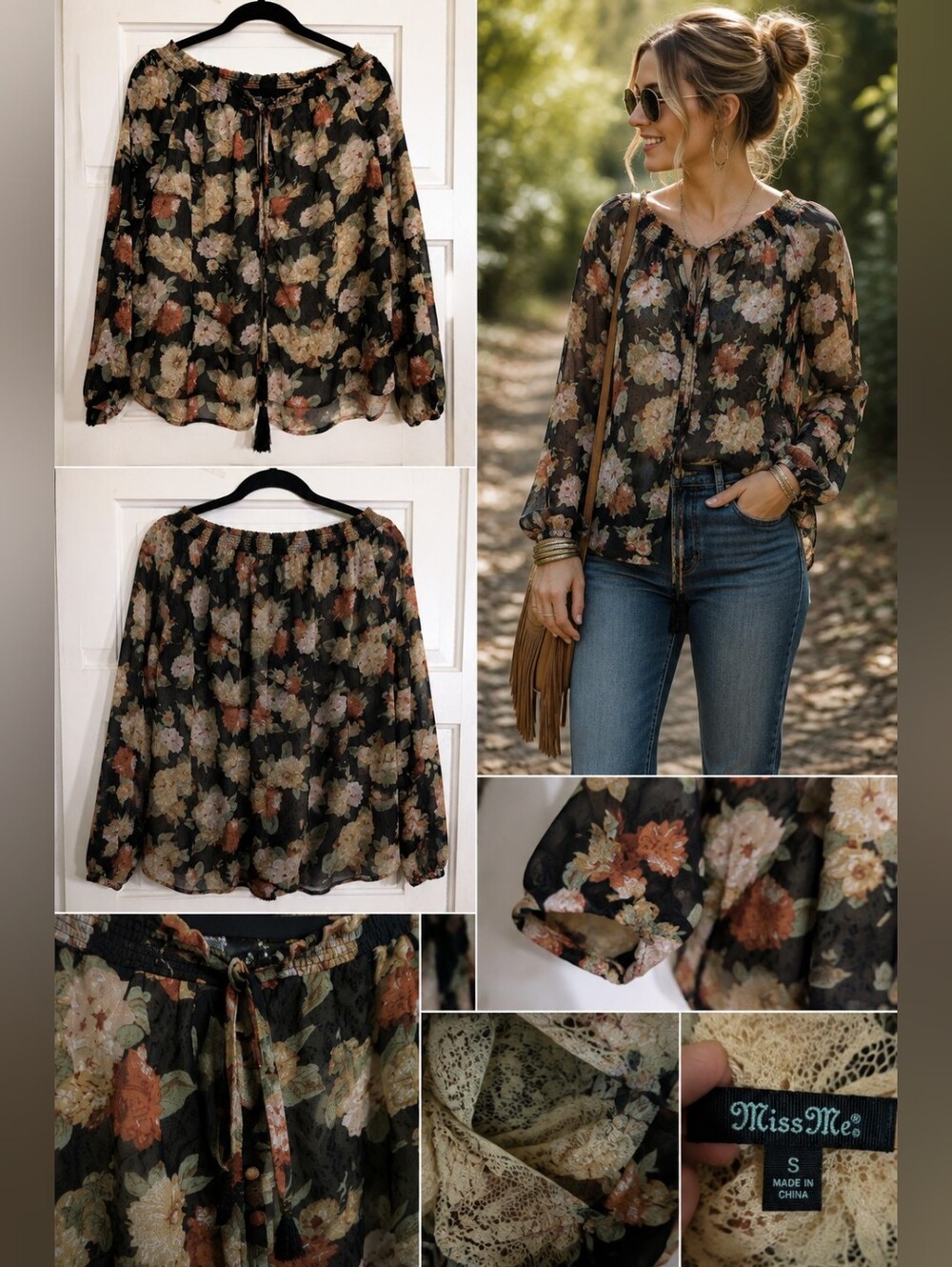 Miss Me Floral Lace-Lined Boho Blouse – Size Small